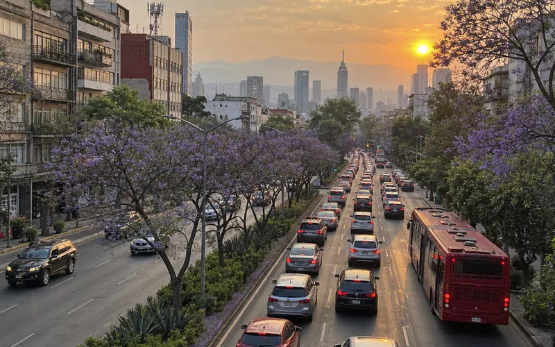 Slow traffic on a wide tree-lined avenue in Mexico City under a light haze