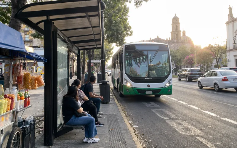 City bus pulling up to a covered bus stop on a busy avenue in Mexico