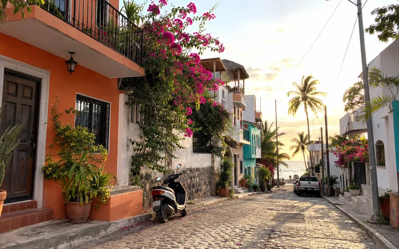 Row of colorful two-story houses with bougainvillea on a quiet street in a Mexican beach town