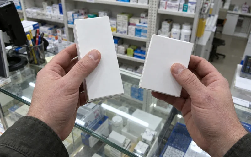 Hands holding two small medicine boxes at a pharmacy counter