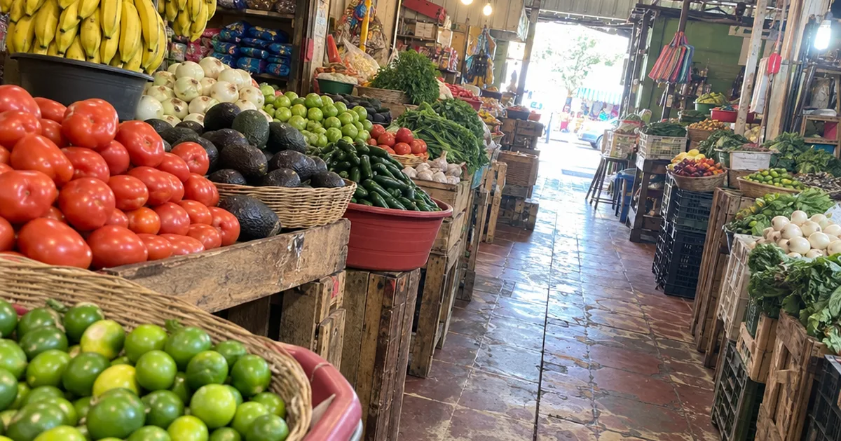 Produce stalls with tomatoes, avocados and limes in a covered neighborhood market in Mexico