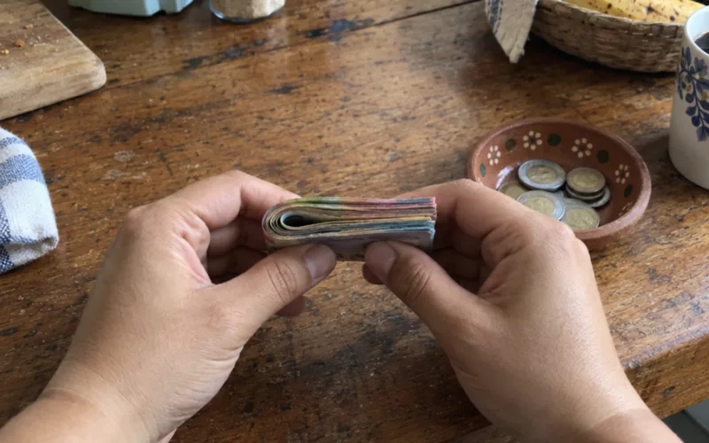 Hands holding a folded bundle of Mexican peso banknotes over a wooden table with coins in a small clay dish