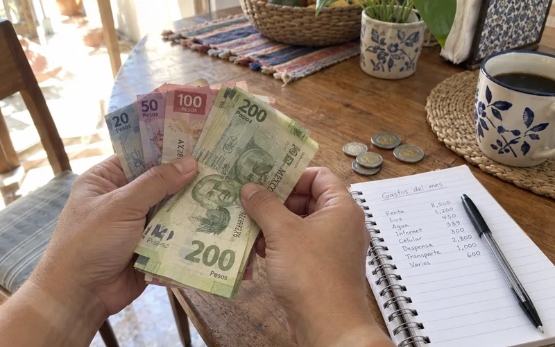 Hands counting Mexican peso banknotes over a notebook with a handwritten monthly budget