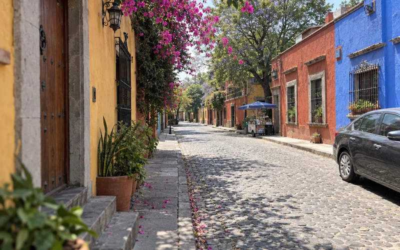 Cobblestone street in Coyoacán lined with colorful colonial houses and bougainvillea