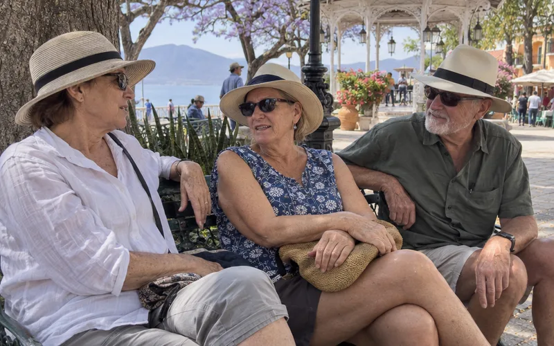 Older expat neighbors chatting on a shaded plaza bench near Lake Chapala
