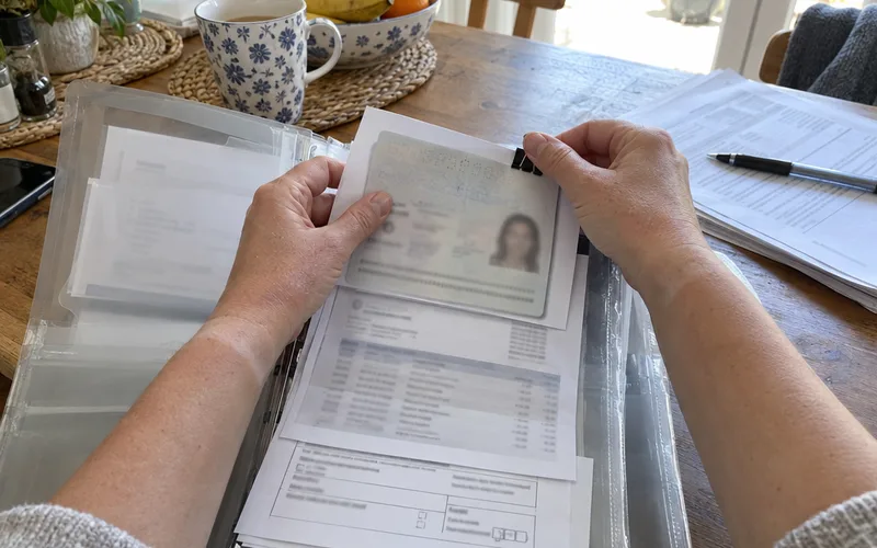 Hands organizing photocopied passport pages and bank statements in a document folder