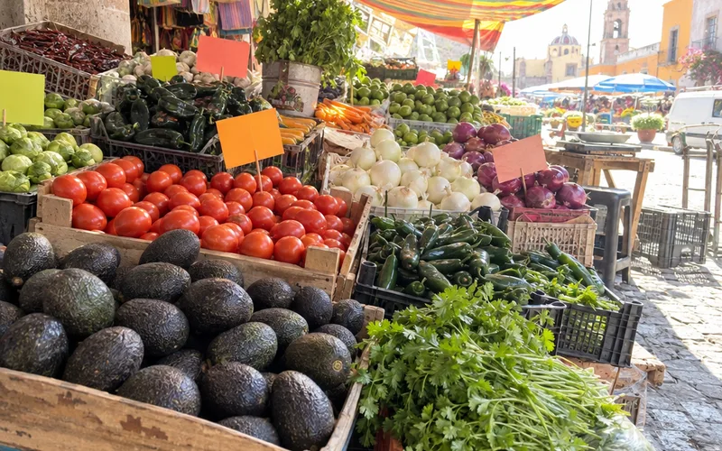 Crates of avocados, tomatoes, chiles and cilantro at a Mexican street market stall