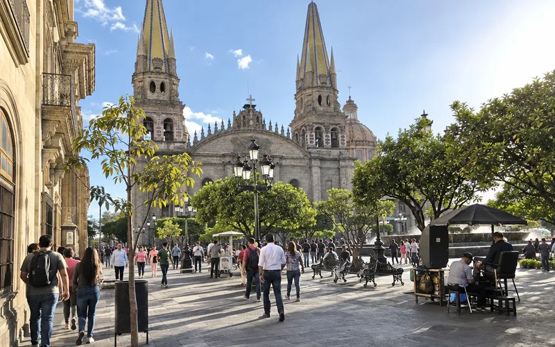 Guadalajara Cathedral towers above a busy plaza in the city center