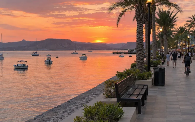 Calm water and a palm-lined seafront promenade in La Paz at sunset