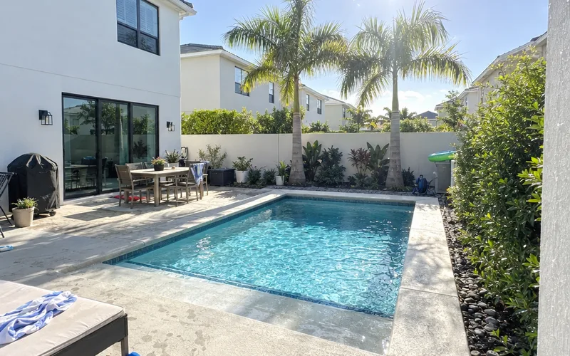 Modern white house with a small swimming pool and palm trees in a newer neighborhood in north Mérida