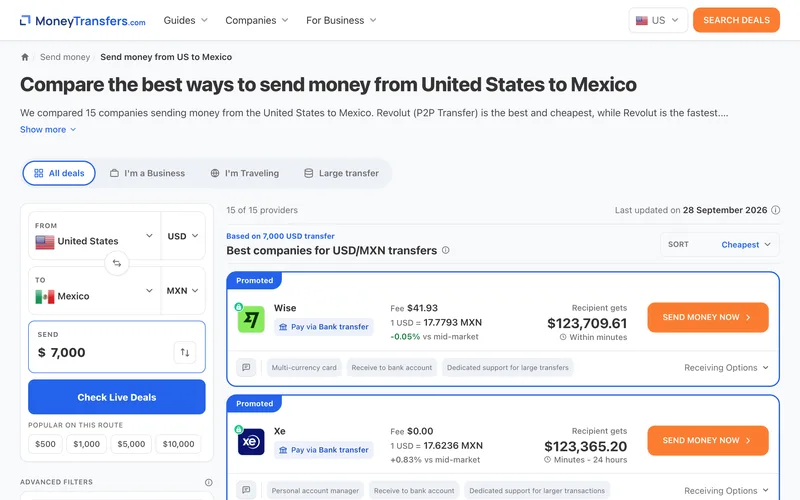 moneytransfers.com comparison of services sending money from the US to Mexico