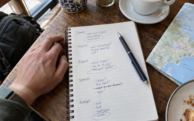 Handwritten list of must-haves for choosing a city in Mexico on a cafe table