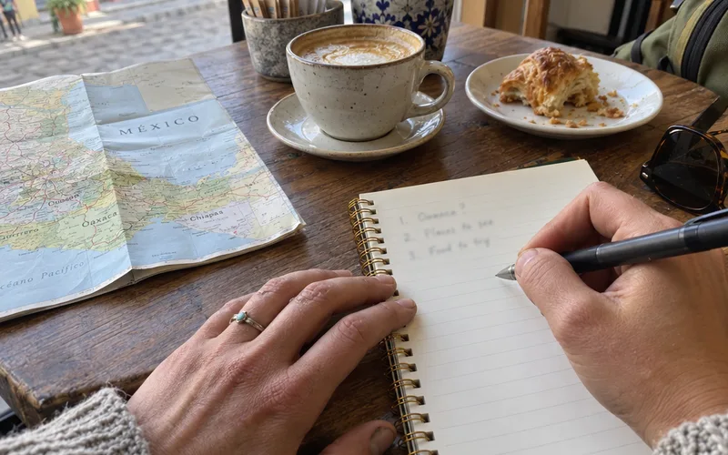 Hands writing a short list in a notebook beside a coffee and a folded map of Mexico