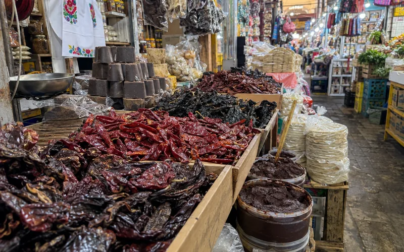 Market stall in Oaxaca selling dried chiles, chocolate and mole paste