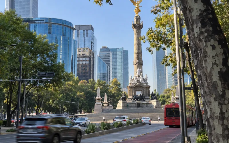 Ángel de la Independencia monument on Paseo de la Reforma with high-rise towers behind it