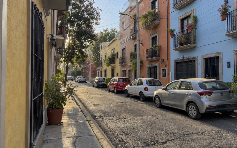 Pastel two- and three-story apartment buildings with small balconies on a residential street in Mexico