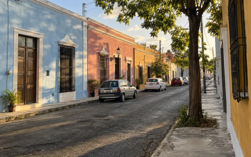 Row of pastel single-story colonial houses on a residential street in Merida, Yucatan