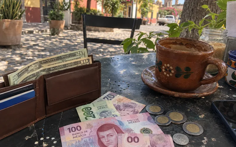 Open wallet with US dollar bills and Mexican peso banknotes and coins on a café table in Mexico