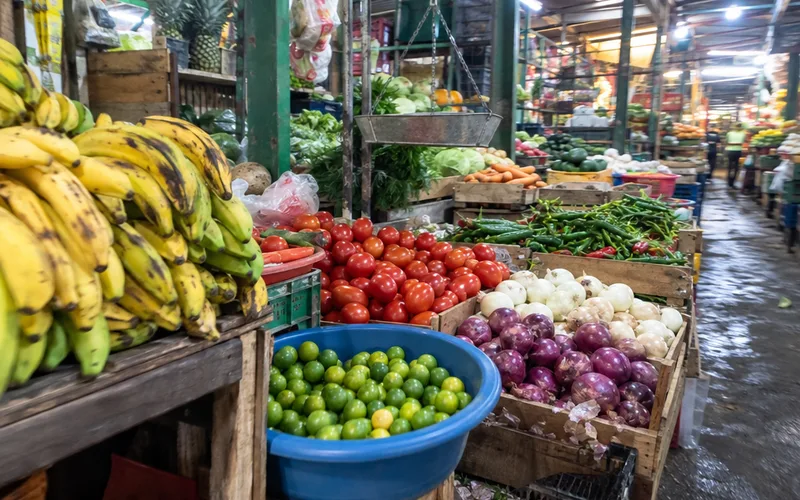 Market stall piled with bananas, limes, tomatoes and onions in a covered mercado in Mérida