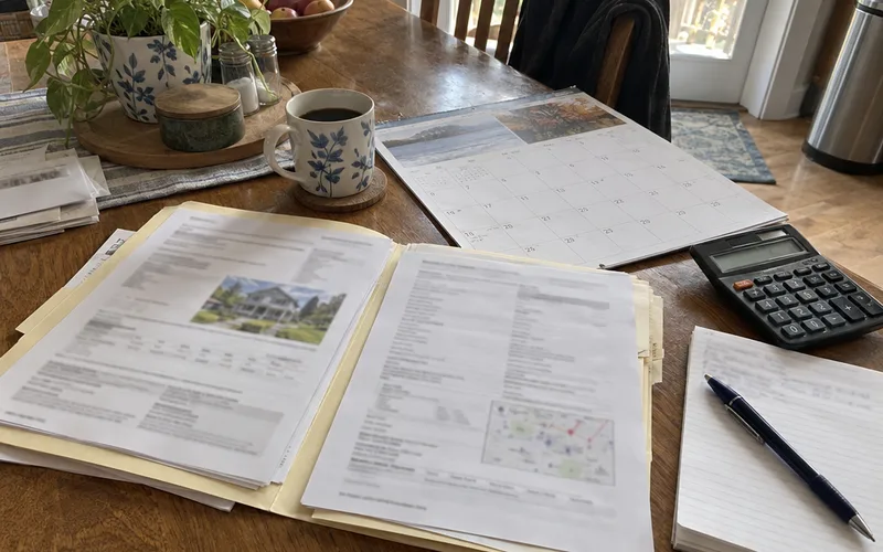 Folder of property paperwork, a calendar, a calculator and a pen on a wooden table
