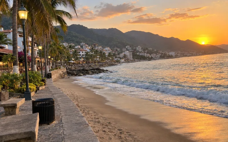 Seafront walkway along Banderas Bay in Puerto Vallarta with green mountains behind