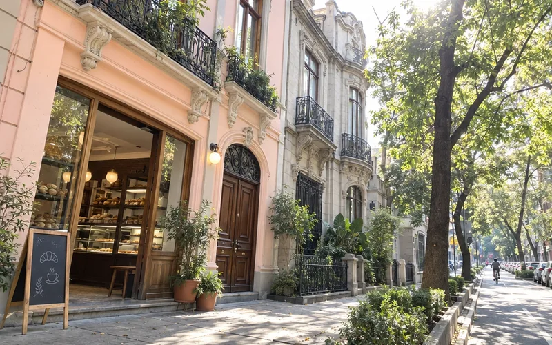 Restored Art Deco and French-style mansions on a street in Roma Norte, Mexico City