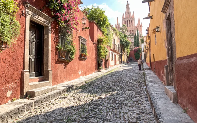 Steep, uneven cobblestone street in San Miguel de Allende with the parish church in the distance