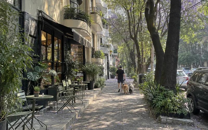 Tree-lined street with sidewalk cafe tables in Mexico City's Condesa neighborhood